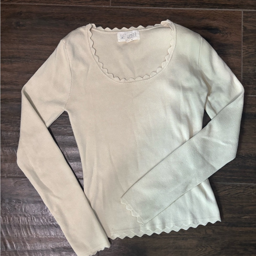 Sweet Wanderer Cream Fitted Ribbed Long Sleeve Blouse